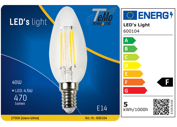 1 STÜCK (VPE) SHADA LED Kerze E14 470lm 4.5W, warmweiss 2700K, C35 klar, EEC: F (0600104)